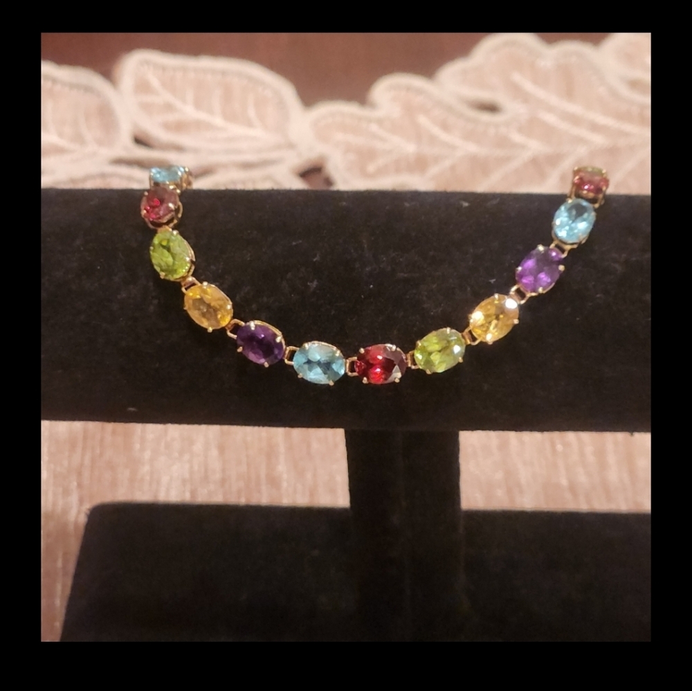 14k Solid Gold Multicolor Oval Gemstone Tennis Br… - image 6